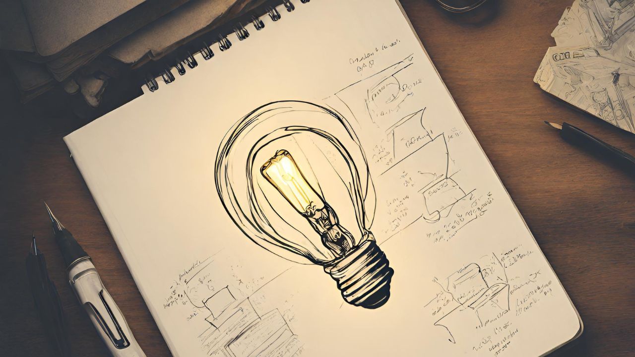 Lightbulb illuminating above a sketchbook